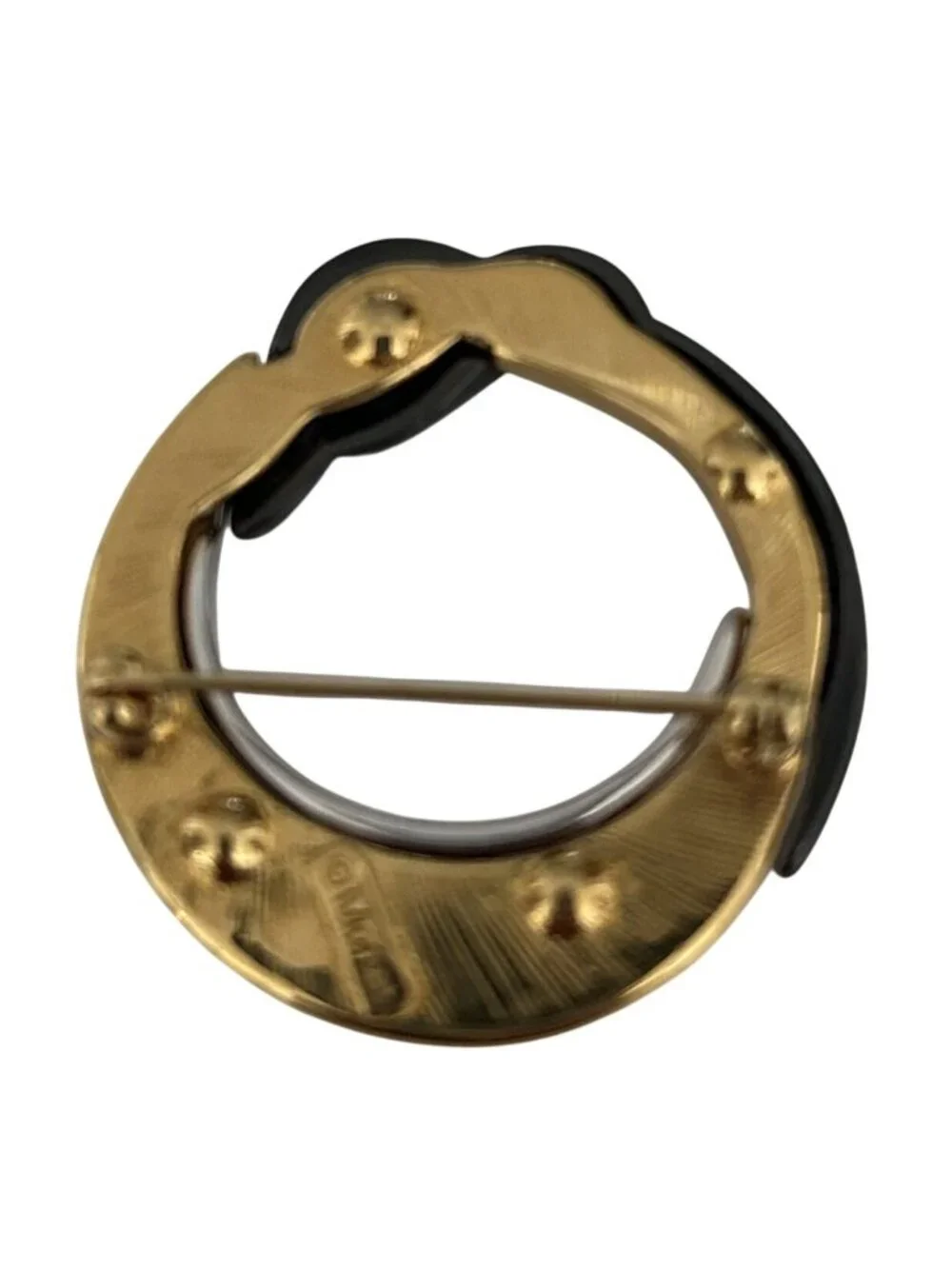 Vintage Monet Signed Modernist Tri-Tone Swirl Brooch Black Enamel Gold Silver